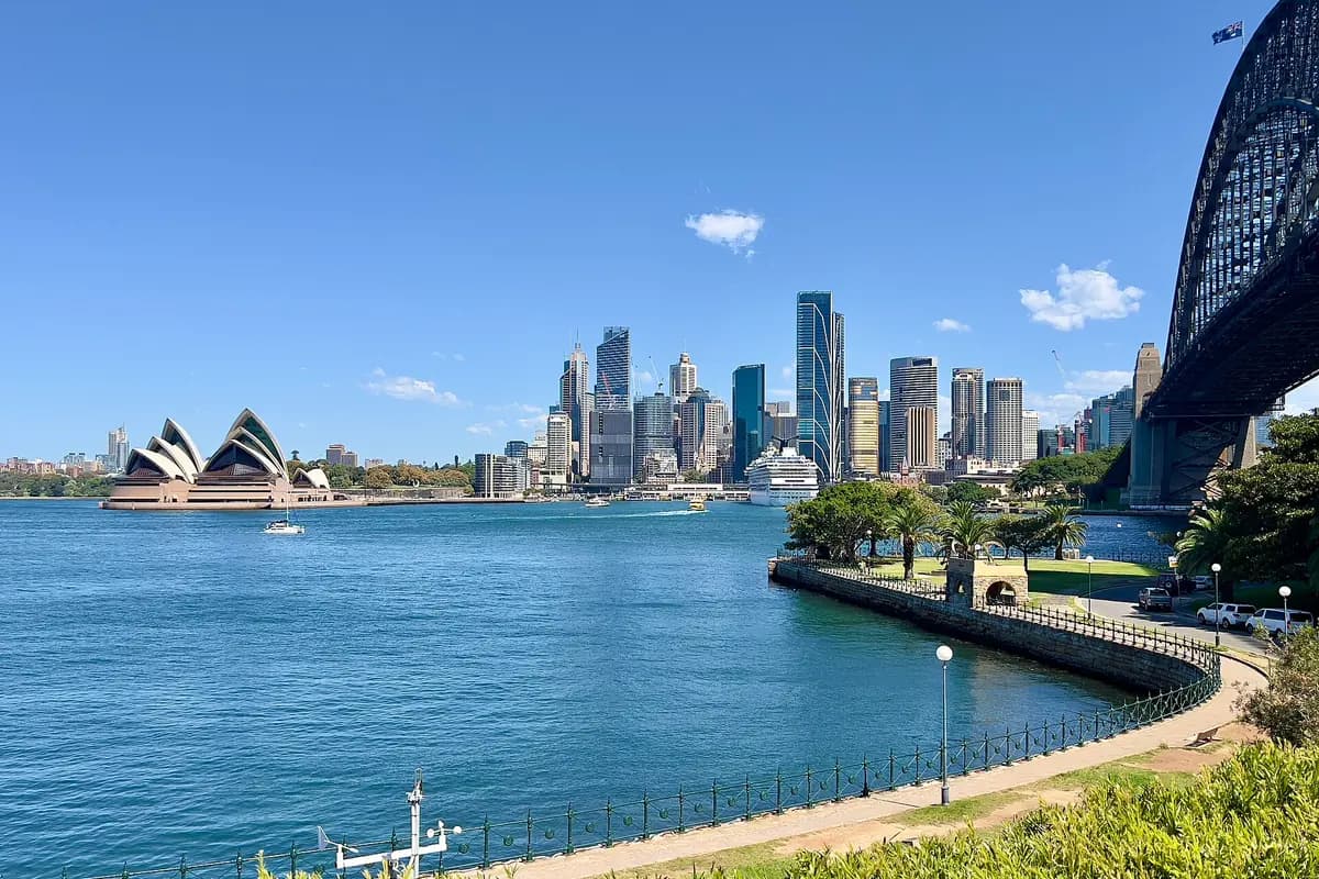 Sydney Harbour with the Opera House and the central business district under the Harbour Bridge.